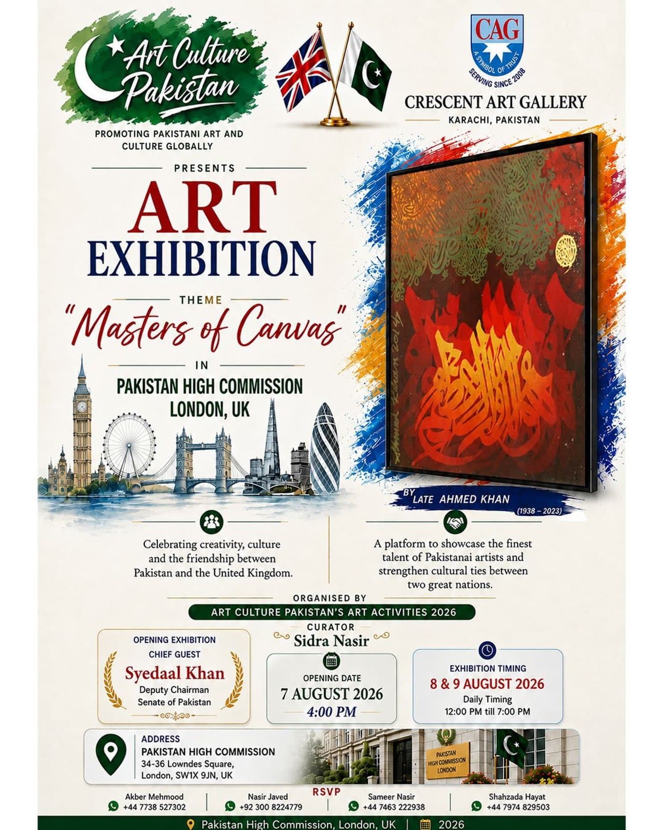 Art Exhibition Masters of Canvas at Pakistan High Commission London, August 2026